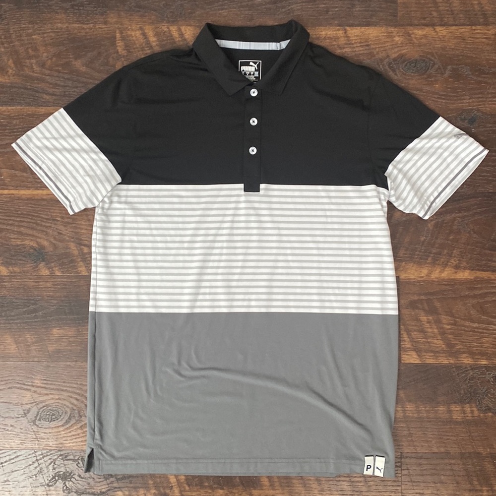 NWOT Puma Striped Black White and Grey Golf Polo